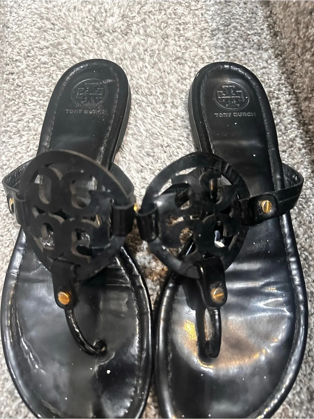 Tory Burch Black Patent Logo-Disc Slide Sandals